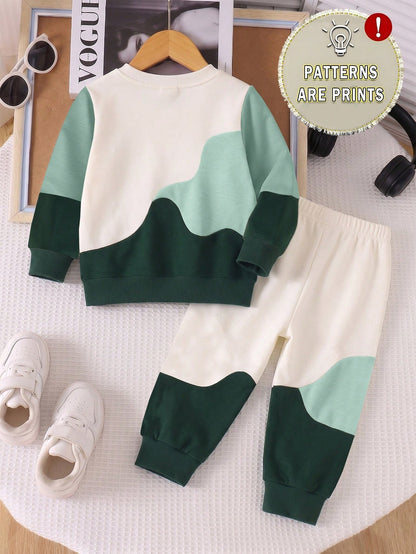 1 Set Spring/Autumn New Baby Boys Dinosaur Print Long Sleeve Crew Neck Sweatshirt & Long Pants 2-Piece Set, Fashion Casual Versatile Fit, Cool Hand-Drawn Dinosaur Full Print Design With Strong Atmosph