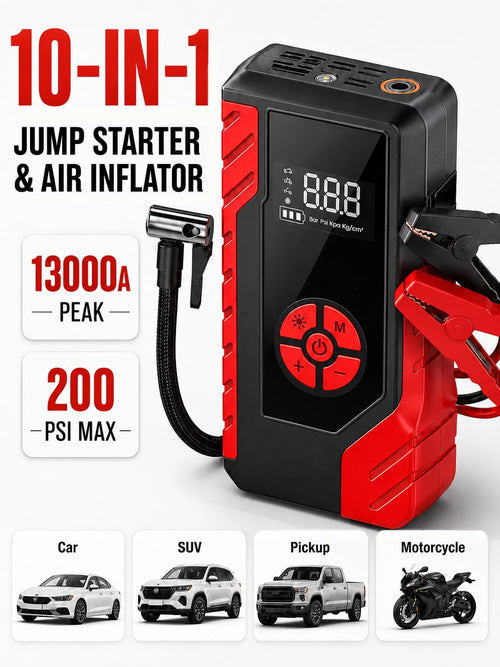 10-In-1 Multi-Functional Emergency Start Power Supply With Air Pump, 13000A 200PSI Portable Car Battery Starter, Suitable For 12V Cars, SUVs, Pickups And Motorcycles, Digital Display, LED Emergency Li
