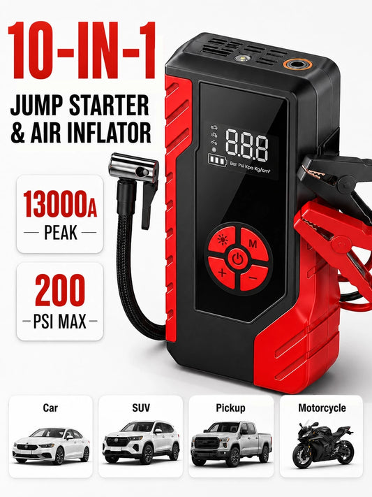 10-In-1 Multi-Functional Emergency Start Power Supply With Air Pump, 13000A 200PSI Portable Car Battery Starter, Suitable For 12V Cars, SUVs, Pickups And Motorcycles, Digital Display, LED Emergency Li