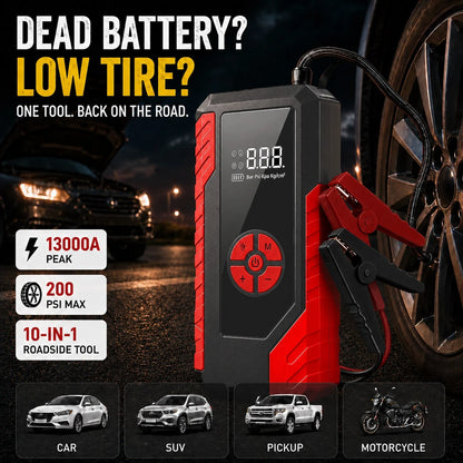 10-In-1 Multi-Functional Emergency Start Power Supply With Air Pump, 13000A 200PSI Portable Car Battery Starter, Suitable For 12V Cars, SUVs, Pickups And Motorcycles, Digital Display, LED Emergency Li