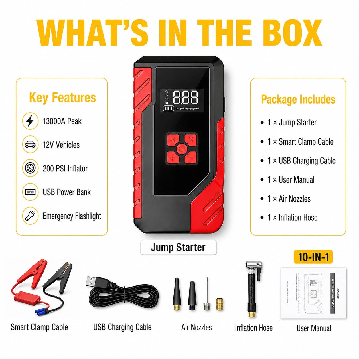 10-In-1 Multi-Functional Emergency Start Power Supply With Air Pump, 13000A 200PSI Portable Car Battery Starter, Suitable For 12V Cars, SUVs, Pickups And Motorcycles, Digital Display, LED Emergency Li