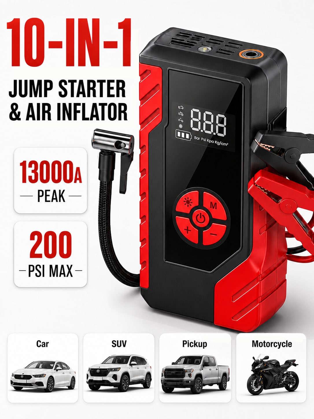 10-In-1 Multi-Functional Emergency Start Power Supply With Air Pump, 13000A 200PSI Portable Car Battery Starter, Suitable For 12V Cars, SUVs, Pickups And Motorcycles, Digital Display, LED Emergency Li