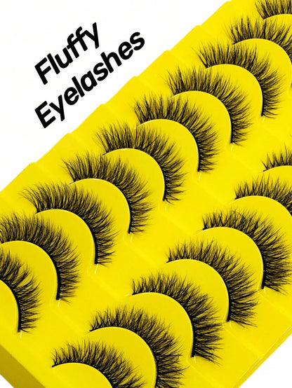 10 Pairs Fluffy Faux Mink Eyelashes, Natural Curly, Soft & Lightweight, Reusable, Black Thin Band False Eyelashes