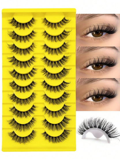 10 Pairs Fluffy Faux Mink Eyelashes, Natural Curly, Soft & Lightweight, Reusable, Black Thin Band False Eyelashes