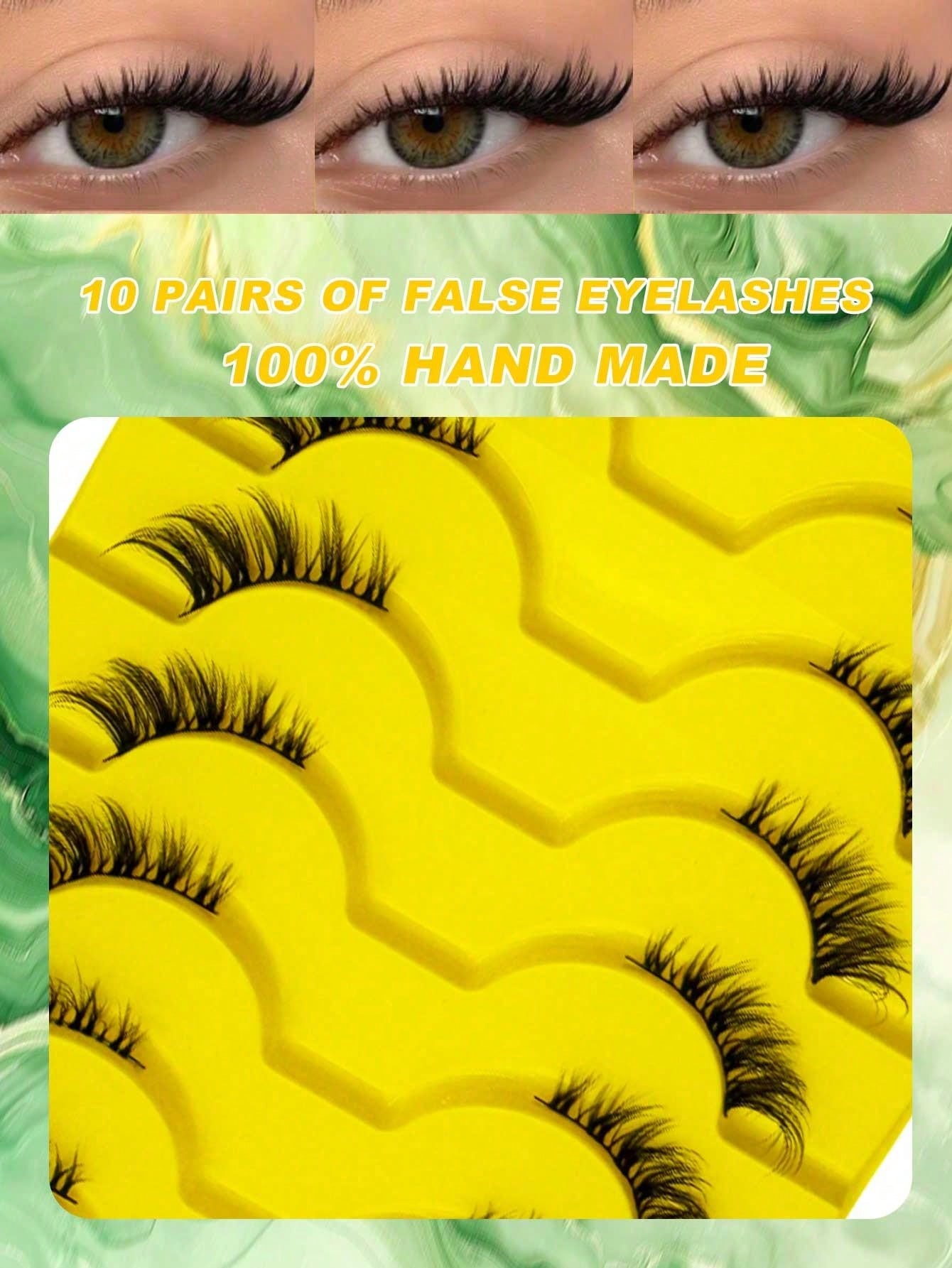 10 Pairs Natural Cat Eye Cartoon Style Short Soft 3D Faux Mink False Eyelashes, Extra Long Fluffy Eyelash Extension Tool, Suitable For Daily, Brunch, Video Call, Passport Photo, Wedding Guest, Travel
