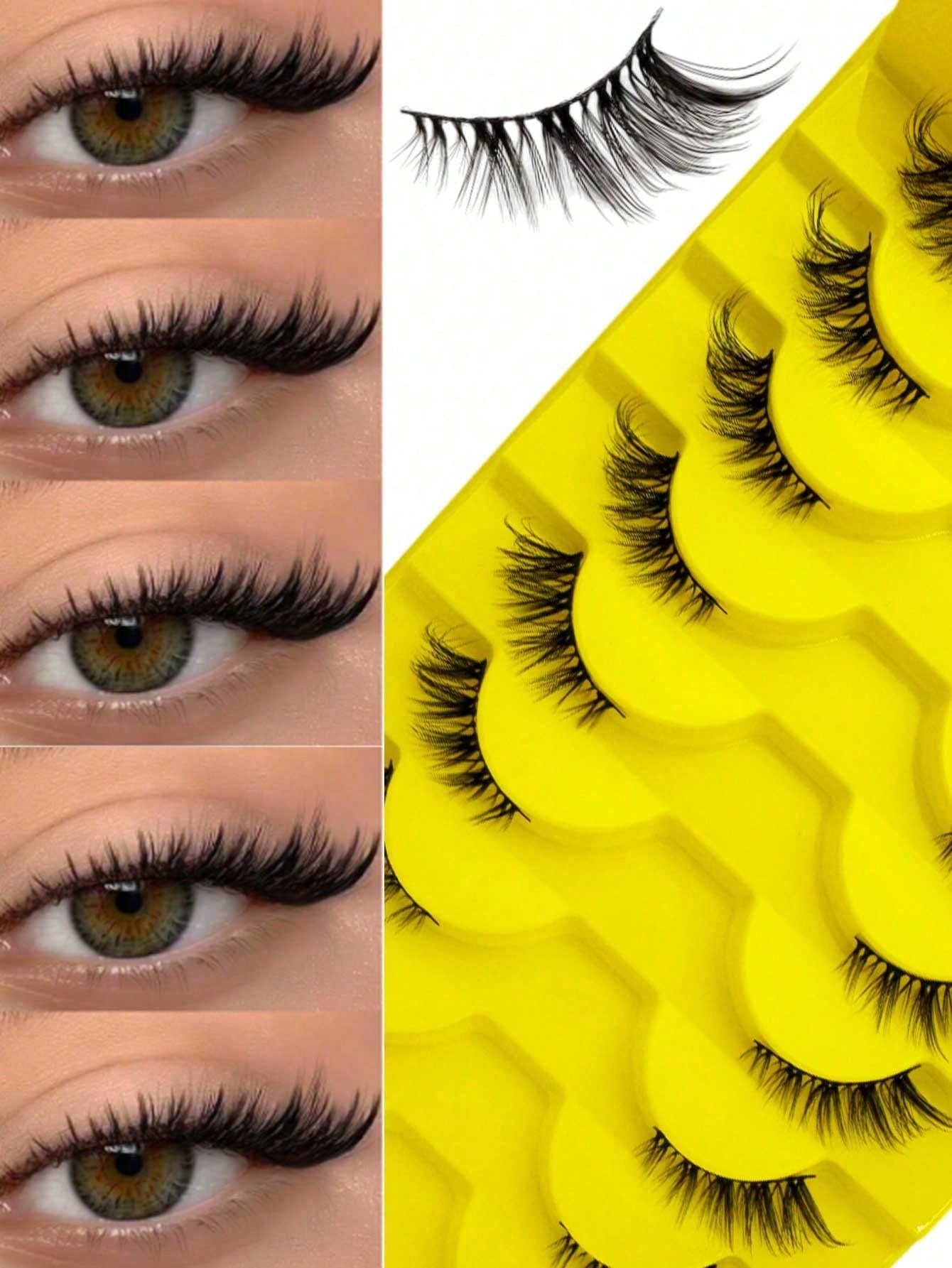 10 Pairs Natural Cat Eye Cartoon Style Short Soft 3D Faux Mink False Eyelashes, Extra Long Fluffy Eyelash Extension Tool, Suitable For Daily, Brunch, Video Call, Passport Photo, Wedding Guest, Travel