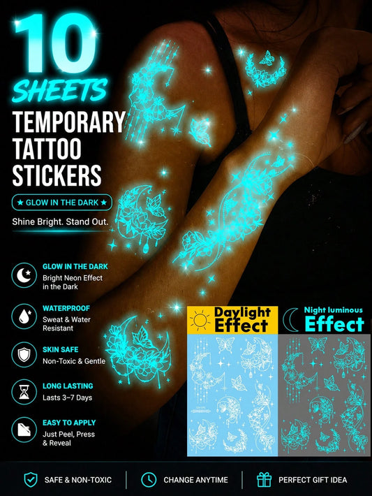 10 Sheets Blue Neon Glow Temporary Tattoo Stickers, Glow In The Dark Body Art Waterproof Long Lasting Skin, Luminous Butterfly Flower Arm Shoulder Hand Body Makeup For Women Girls Party Festival Nigh