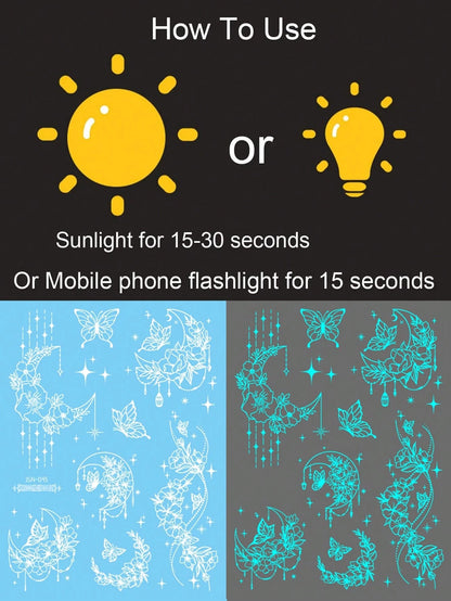 10 Sheets Blue Neon Glow Temporary Tattoo Stickers, Glow In The Dark Body Art Waterproof Long Lasting Skin, Luminous Butterfly Flower Arm Shoulder Hand Body Makeup For Women Girls Party Festival Nigh