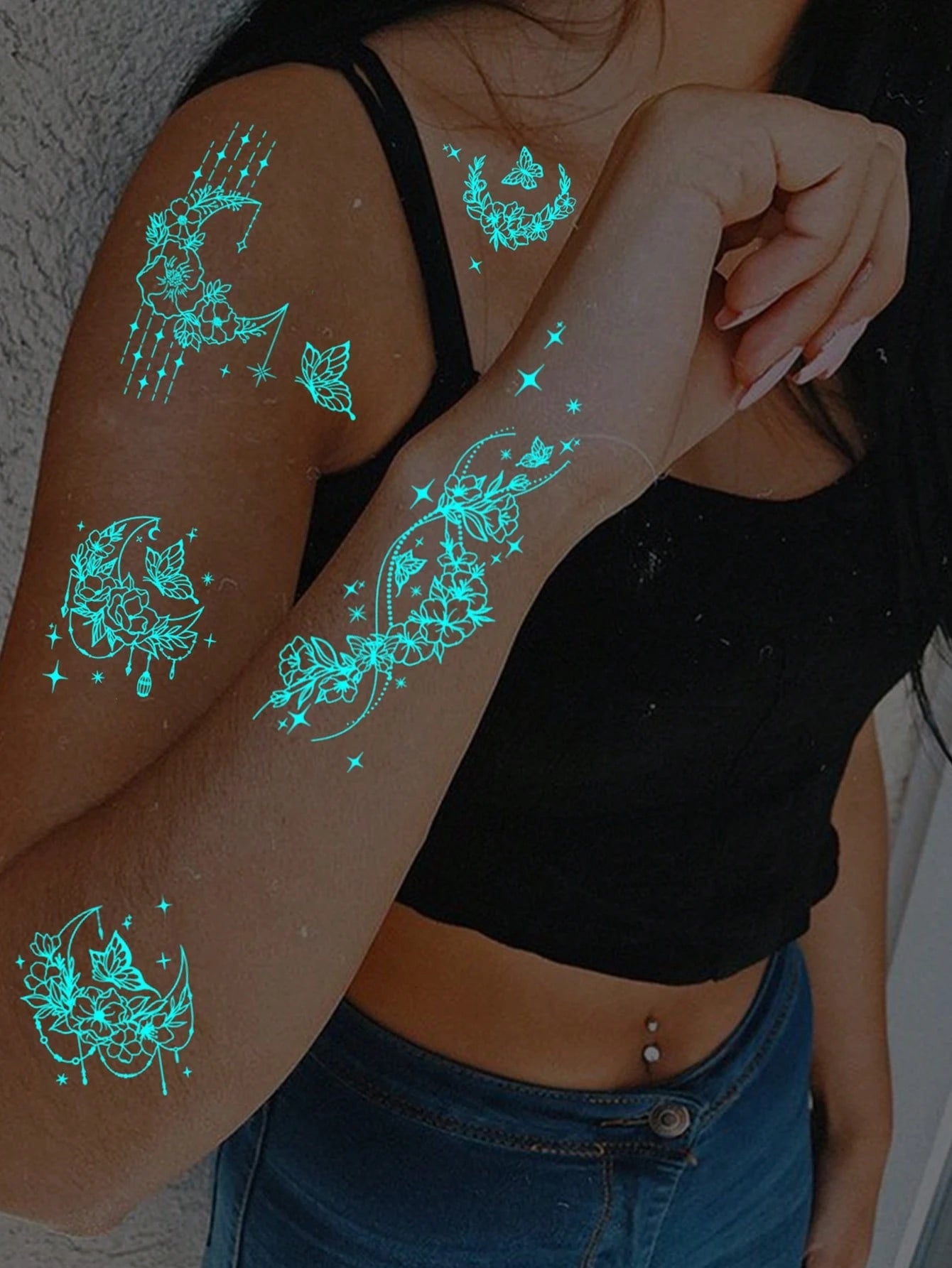 10 Sheets Blue Neon Glow Temporary Tattoo Stickers, Glow In The Dark Body Art Waterproof Long Lasting Skin, Luminous Butterfly Flower Arm Shoulder Hand Body Makeup For Women Girls Party Festival Nigh