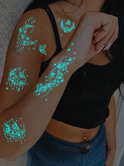 10 Sheets Blue Neon Glow Temporary Tattoo Stickers, Glow In The Dark Body Art Waterproof Long Lasting Skin, Luminous Butterfly Flower Arm Shoulder Hand Body Makeup For Women Girls Party Festival Nigh