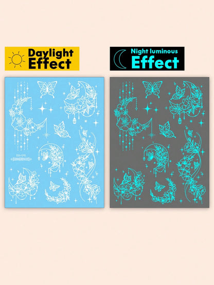 10 Sheets Blue Neon Glow Temporary Tattoo Stickers, Glow In The Dark Body Art Waterproof Long Lasting Skin, Luminous Butterfly Flower Arm Shoulder Hand Body Makeup For Women Girls Party Festival Nigh