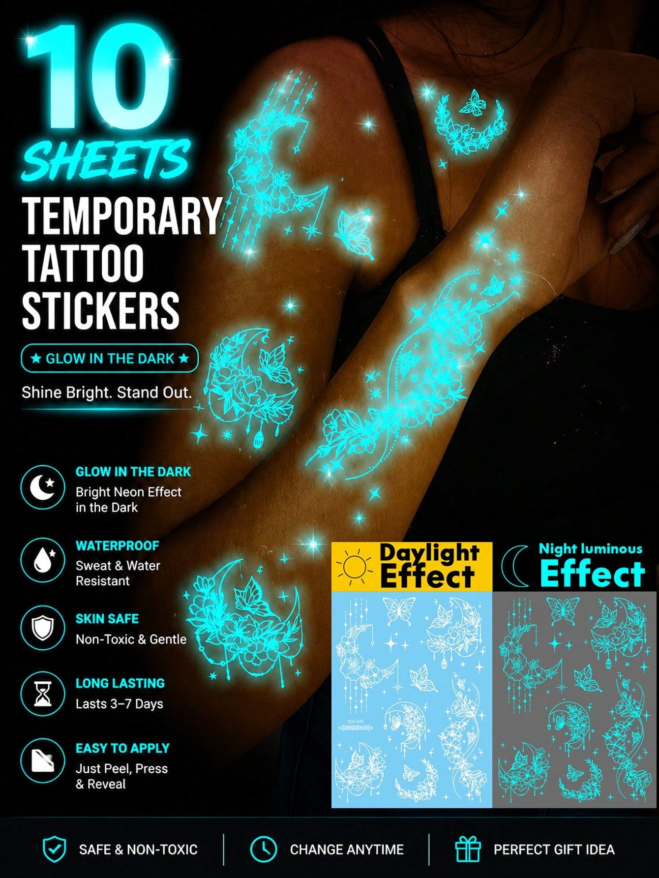 10 Sheets Blue Neon Glow Temporary Tattoo Stickers, Glow In The Dark Body Art Waterproof Long Lasting Skin, Luminous Butterfly Flower Arm Shoulder Hand Body Makeup For Women Girls Party Festival Nigh