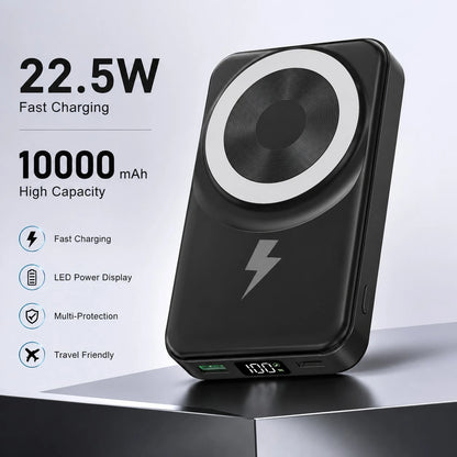 10000mAh Portable Magnetic Wireless Battery Charger, Foldable Stand Built-In Dual Cables 22.5W Fast Charging LED Digital Display, Travel Essentials Camping Gear School Essentials Back To School Suppli