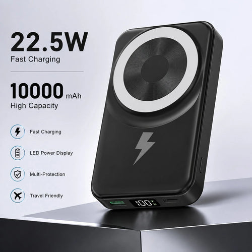 10000mAh Portable Magnetic Wireless Battery Charger, Foldable Stand Built-In Dual Cables 22.5W Fast Charging LED Digital Display, Travel Essentials Camping Gear School Essentials Back To School Suppli
