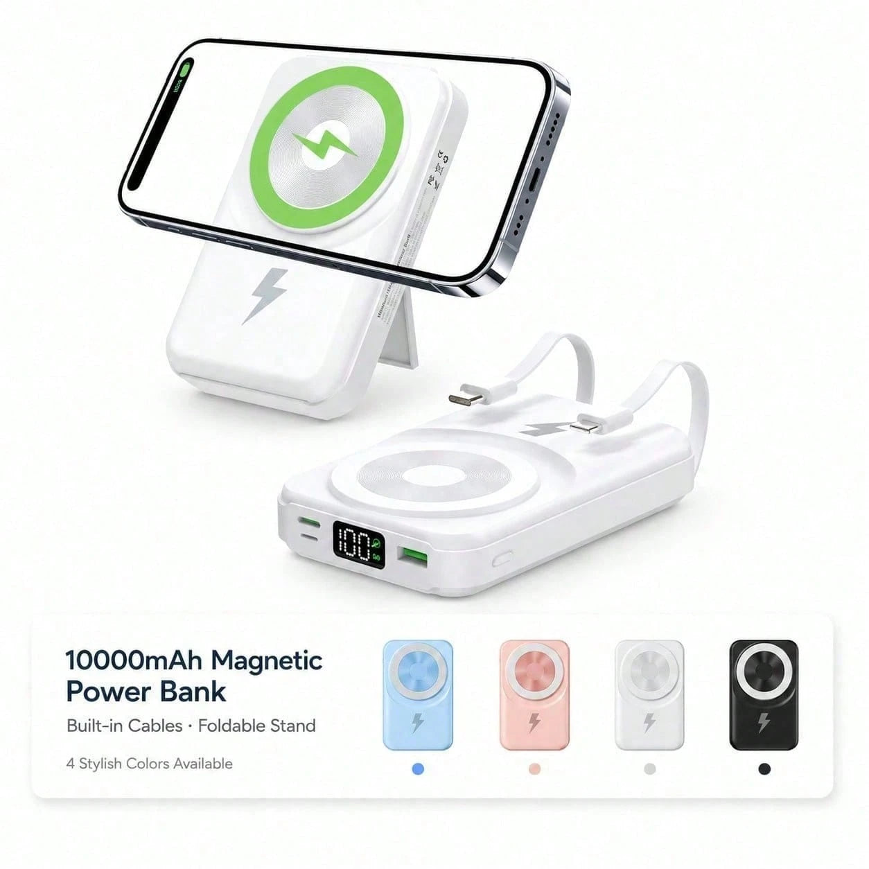 10000mAh Portable Magnetic Wireless Battery Charger, Foldable Stand Built-In Dual Cables 22.5W Fast Charging LED Digital Display, Travel Essentials Camping Gear School Essentials Back To School Suppli