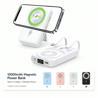 10000mAh Portable Magnetic Wireless Battery Charger, Foldable Stand Built-In Dual Cables 22.5W Fast Charging LED Digital Display, Travel Essentials Camping Gear School Essentials Back To School Suppli