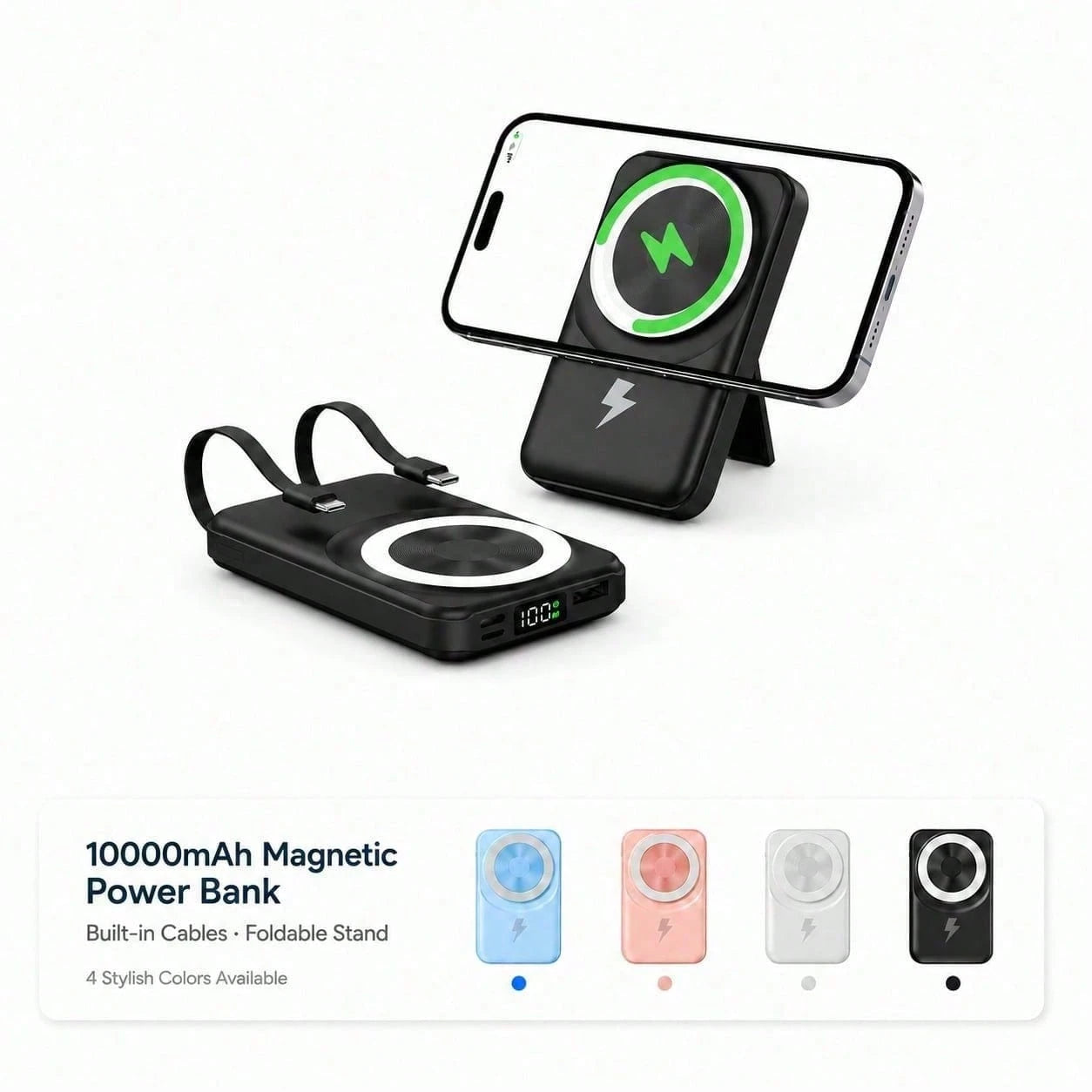 10000mAh Portable Magnetic Wireless Battery Charger, Foldable Stand Built-In Dual Cables 22.5W Fast Charging LED Digital Display, Travel Essentials Camping Gear School Essentials Back To School Suppli