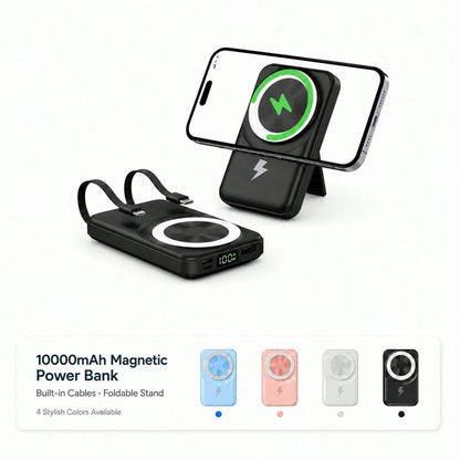 10000mAh Portable Magnetic Wireless Battery Charger, Foldable Stand Built-In Dual Cables 22.5W Fast Charging LED Digital Display, Travel Essentials Camping Gear School Essentials Back To School Suppli