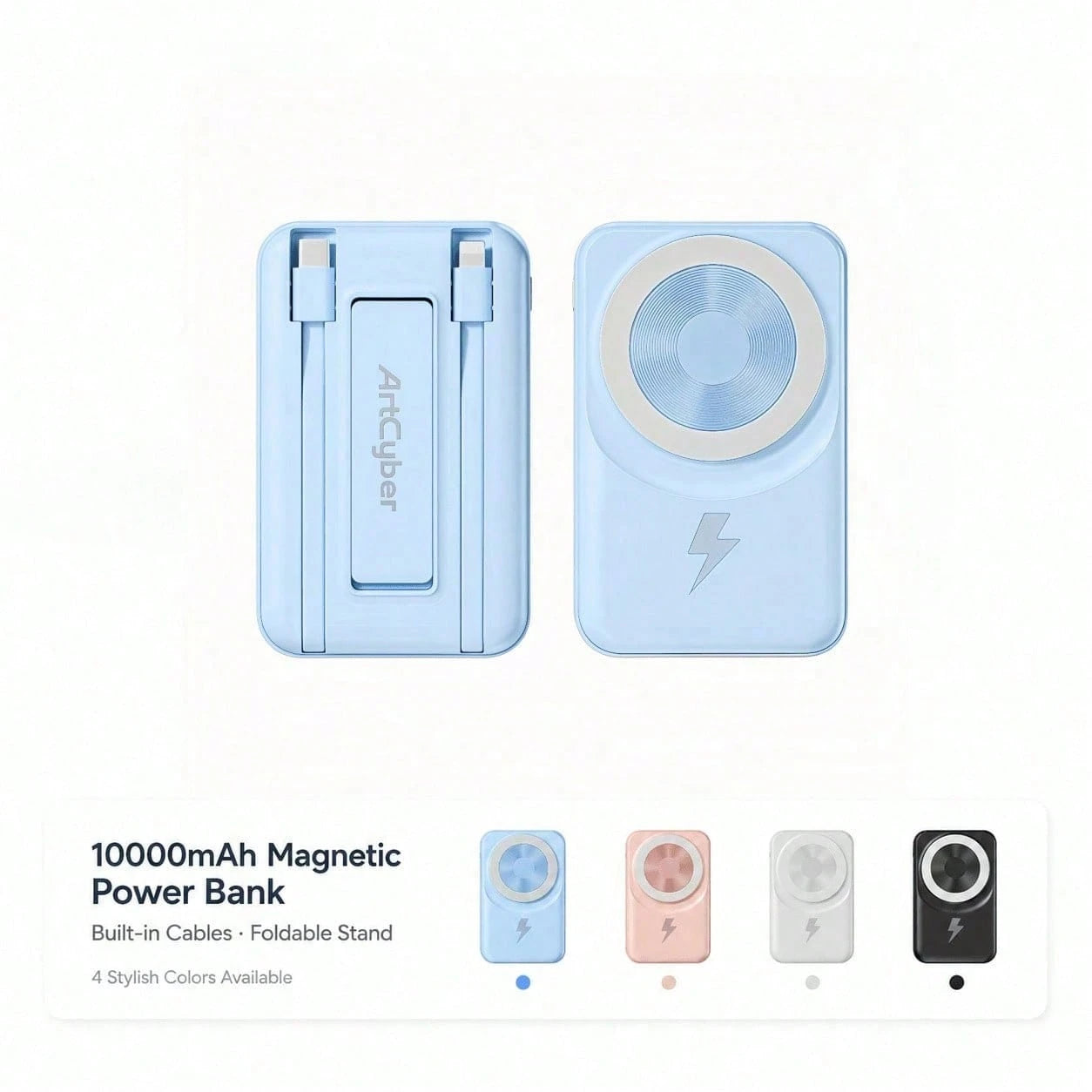 10000mAh Portable Magnetic Wireless Battery Charger, Foldable Stand Built-In Dual Cables 22.5W Fast Charging LED Digital Display, Travel Essentials Camping Gear School Essentials Back To School Suppli