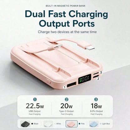 10000mAh Portable Magnetic Wireless Battery Charger, Foldable Stand Built-In Dual Cables 22.5W Fast Charging LED Digital Display, Travel Essentials Camping Gear School Essentials Back To School Suppli