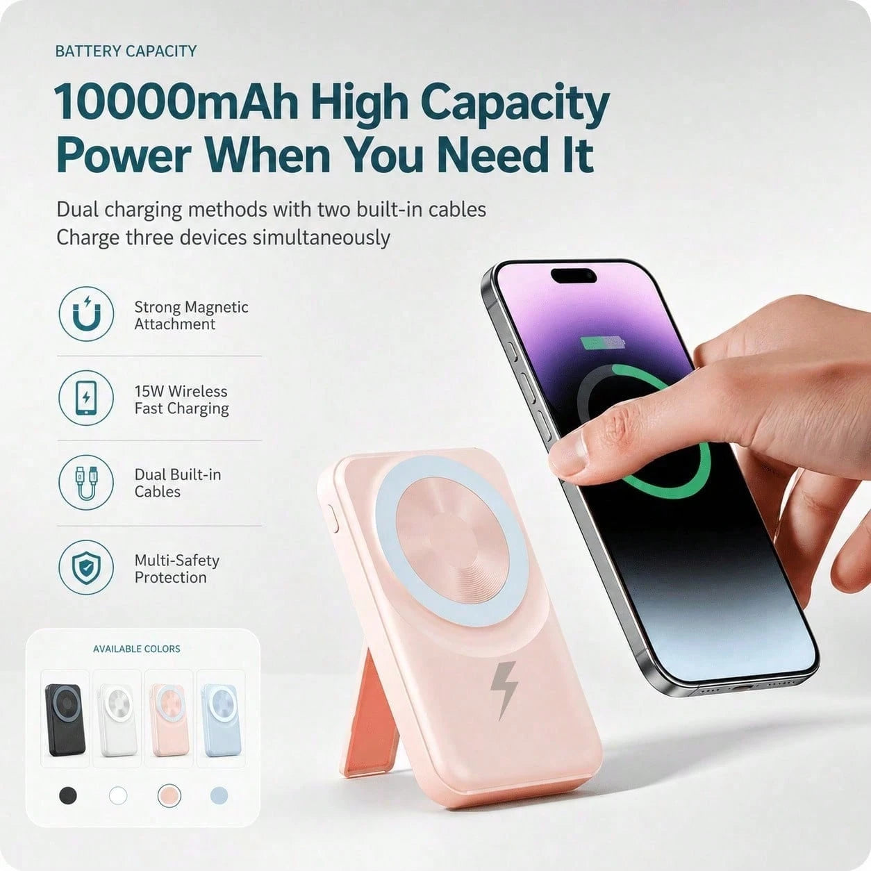 10000mAh Portable Magnetic Wireless Battery Charger, Foldable Stand Built-In Dual Cables 22.5W Fast Charging LED Digital Display, Travel Essentials Camping Gear School Essentials Back To School Suppli