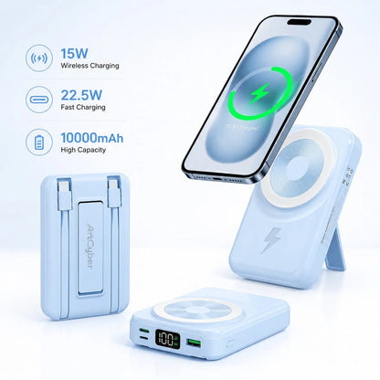 10000mAh Ultra-Slim Magnetic Portable Charger 15W MagSafe-Compatible Wireless Charging 22.5W Wired Fast Charging Integrated Twin Charging Cables Foldable Hidden Kickstand Real-Time Battery Percentage