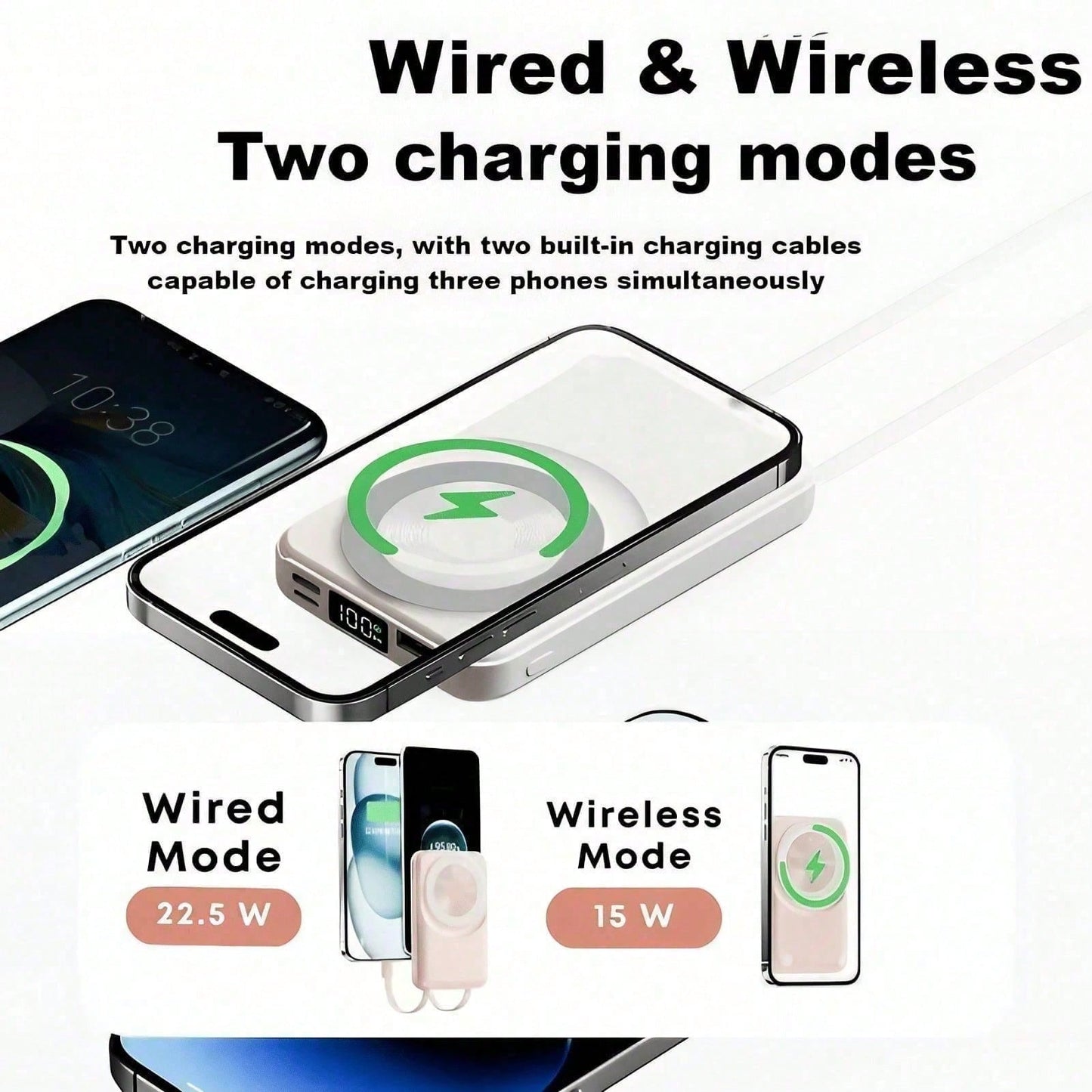 10000mAh Ultra-Slim Magnetic Portable Charger 15W MagSafe-Compatible Wireless Charging 22.5W Wired Fast Charging Integrated Twin Charging Cables Foldable Hidden Kickstand Real-Time Battery Percentage