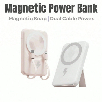 10000mAh Ultra-Slim Magnetic Portable Charger 15W MagSafe-Compatible Wireless Charging 22.5W Wired Fast Charging Integrated Twin Charging Cables Foldable Hidden Kickstand Real-Time Battery Percentage