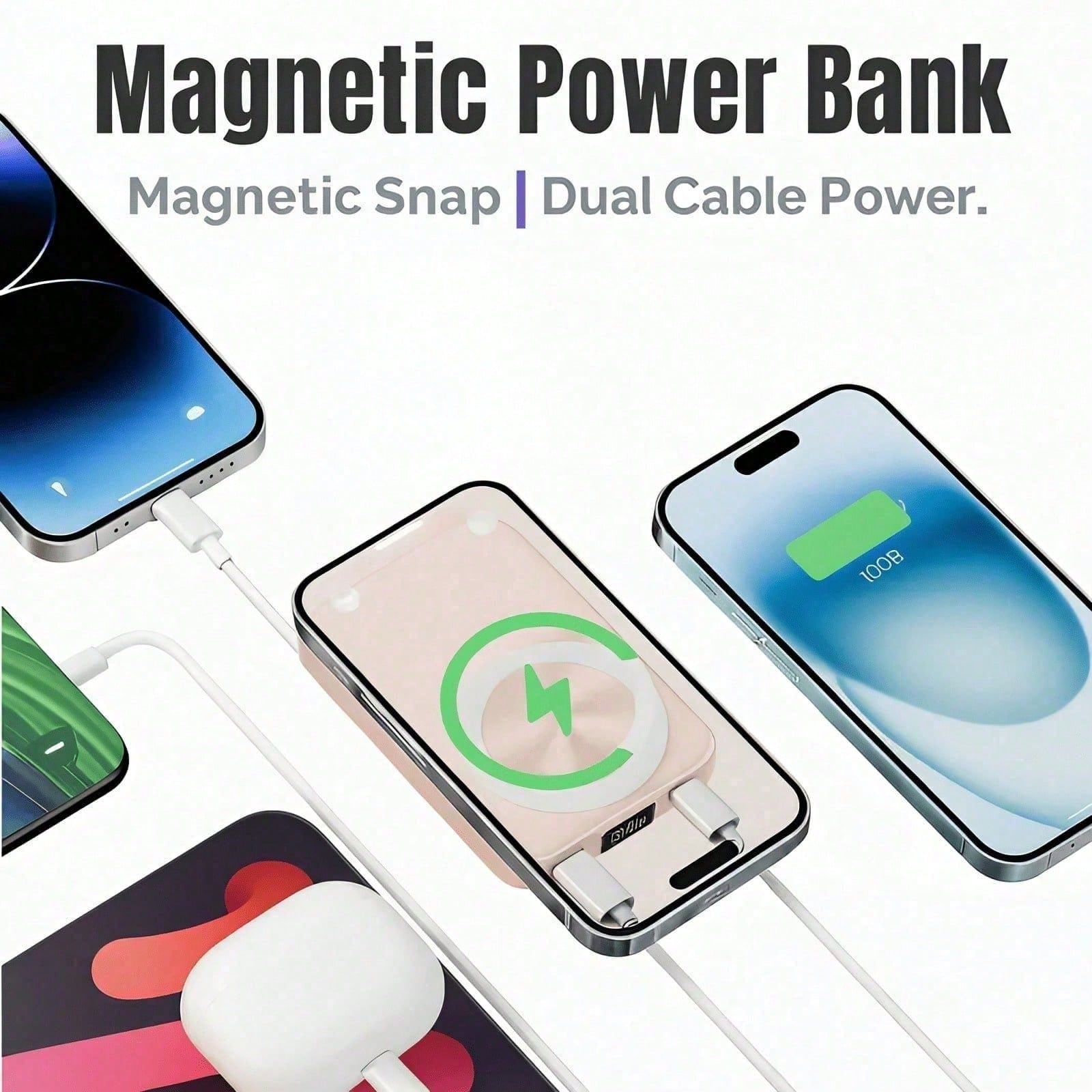 10000mAh Ultra-Slim Magnetic Portable Charger 15W MagSafe-Compatible Wireless Charging 22.5W Wired Fast Charging Integrated Twin Charging Cables Foldable Hidden Kickstand Real-Time Battery Percentage