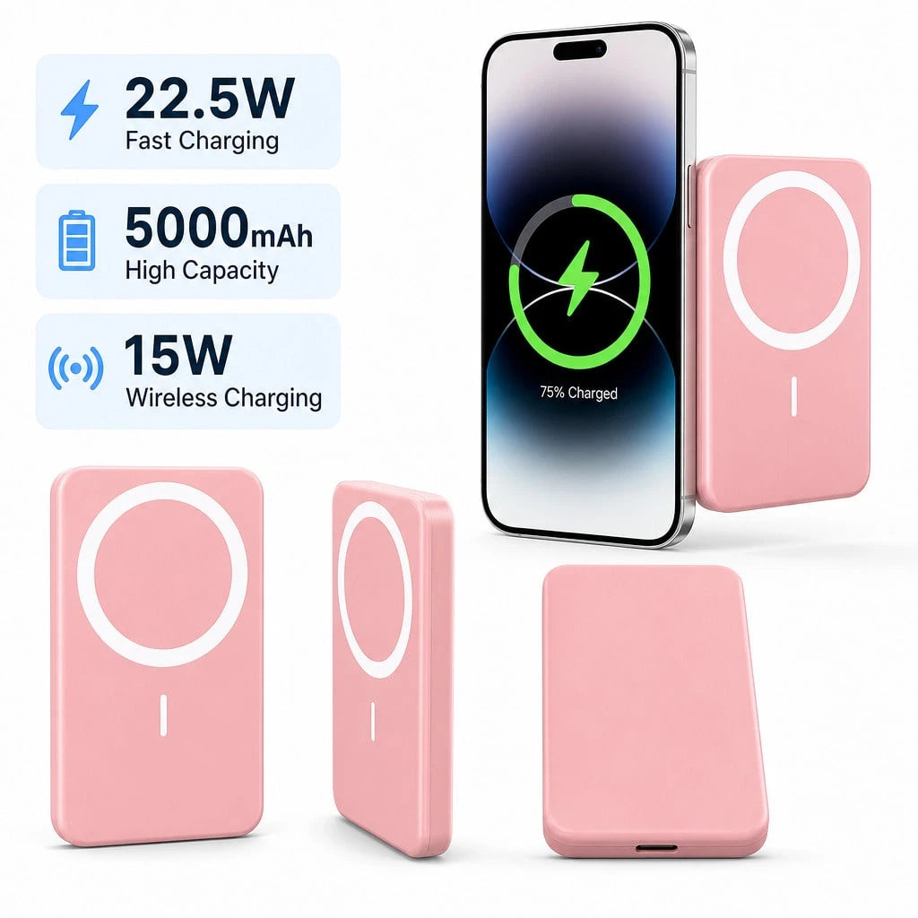 10000mAh Ultra-Slim Magnetic Portable Charger 15W MagSafe-Compatible Wireless Charging 22.5W Wired Fast Charging Integrated Twin Charging Cables Foldable Hidden Kickstand Real-Time Battery Percentage