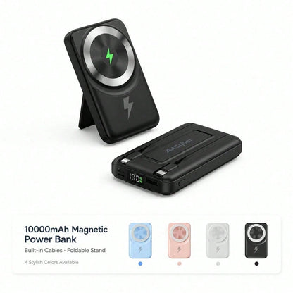 10000mAh Wireless Magnetic Portable Charger Power Bank, Foldable Kickstand Built-In Charging Cables 22.5W Fast Charging, Travel Essentials Camping Gear School Essentials Back To School Supplies For IP