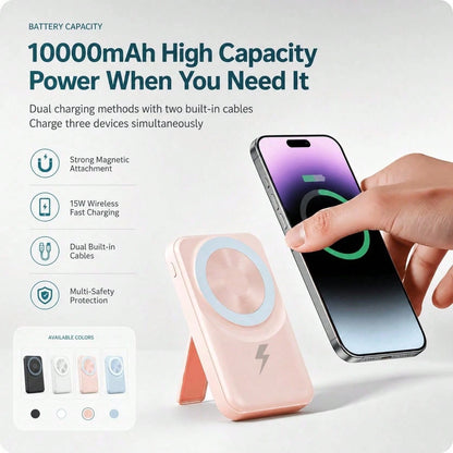 10000mAh Wireless Magnetic Portable Charger Power Bank, Foldable Kickstand Built-In Charging Cables 22.5W Fast Charging, Travel Essentials Camping Gear School Essentials Back To School Supplies For IP