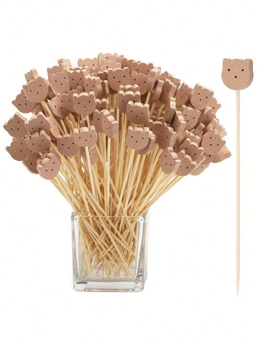 100pcs Bamboo Cocktail Picks, 4.7 Inch Bear Face Cocktail Sticks, Food Picks, Decorative Toothpicks, Suitable For Appetizers, Fruits, Desserts, Baby Showers, Birthdays, Weddings, Party Supplies (Bear)