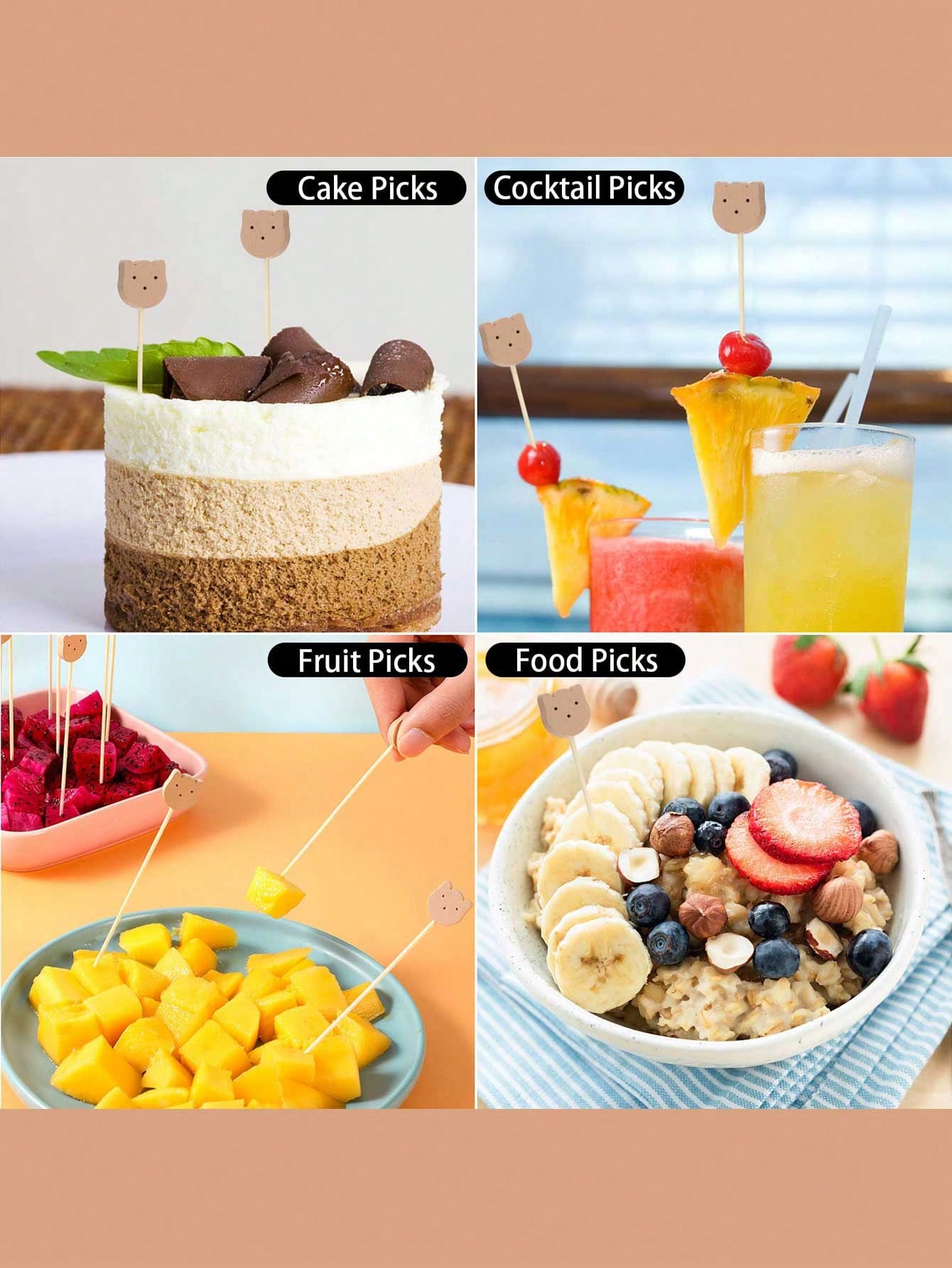 100pcs Bamboo Cocktail Picks, 4.7 Inch Bear Face Cocktail Sticks, Food Picks, Decorative Toothpicks, Suitable For Appetizers, Fruits, Desserts, Baby Showers, Birthdays, Weddings, Party Supplies (Bear)