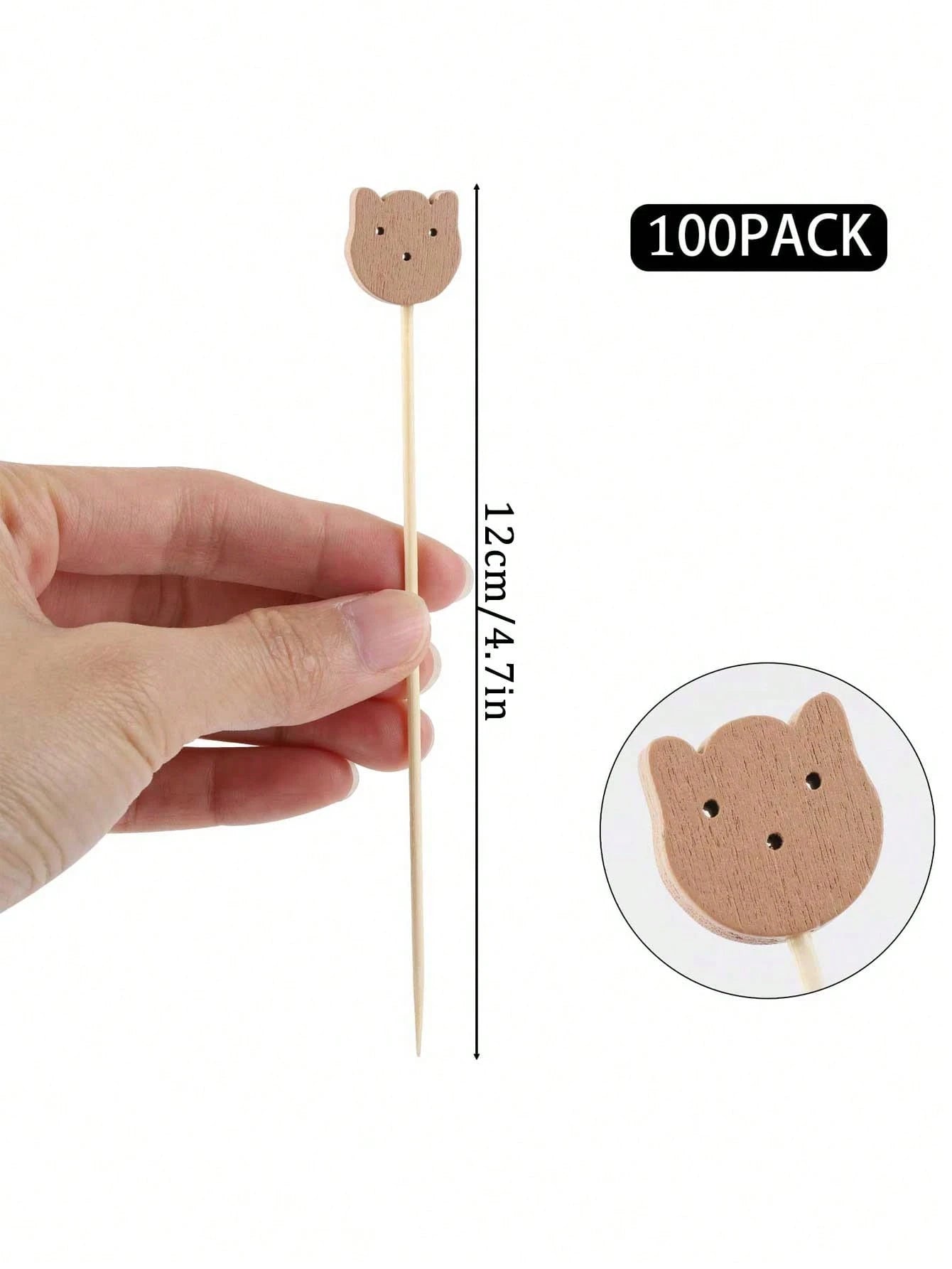 100pcs Bamboo Cocktail Picks, 4.7 Inch Bear Face Cocktail Sticks, Food Picks, Decorative Toothpicks, Suitable For Appetizers, Fruits, Desserts, Baby Showers, Birthdays, Weddings, Party Supplies (Bear)