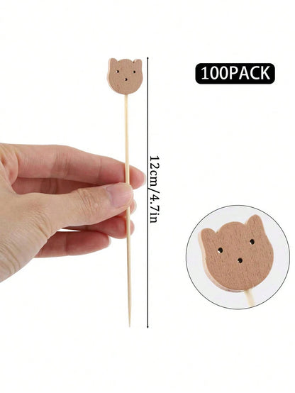100pcs Bamboo Cocktail Picks, 4.7 Inch Bear Face Cocktail Sticks, Food Picks, Decorative Toothpicks, Suitable For Appetizers, Fruits, Desserts, Baby Showers, Birthdays, Weddings, Party Supplies (Bear)