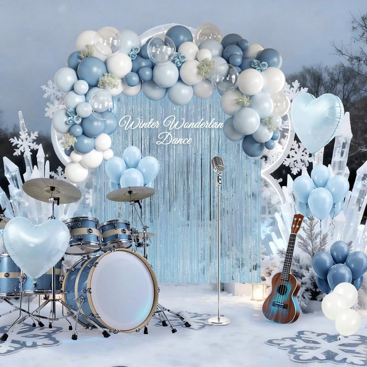 105pcs Light Blue & White Balloon Garland Arch Kit With Light Blue Tassel Curtain, Suitable For Boy, Girl, Kids, Bride, Baby Shower, Birthday, Engagement, Wedding, Winter Wonderland, Dance Party Decor