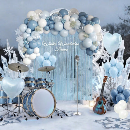 105pcs Light Blue & White Balloon Garland Arch Kit With Light Blue Tassel Curtain, Suitable For Boy, Girl, Kids, Bride, Baby Shower, Birthday, Engagement, Wedding, Winter Wonderland, Dance Party Decor