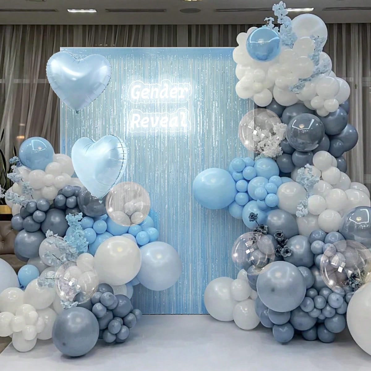 105pcs Light Blue & White Balloon Garland Arch Kit With Light Blue Tassel Curtain, Suitable For Boy, Girl, Kids, Bride, Baby Shower, Birthday, Engagement, Wedding, Winter Wonderland, Dance Party Decor