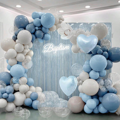 105pcs Light Blue & White Balloon Garland Arch Kit With Light Blue Tassel Curtain, Suitable For Boy, Girl, Kids, Bride, Baby Shower, Birthday, Engagement, Wedding, Winter Wonderland, Dance Party Decor