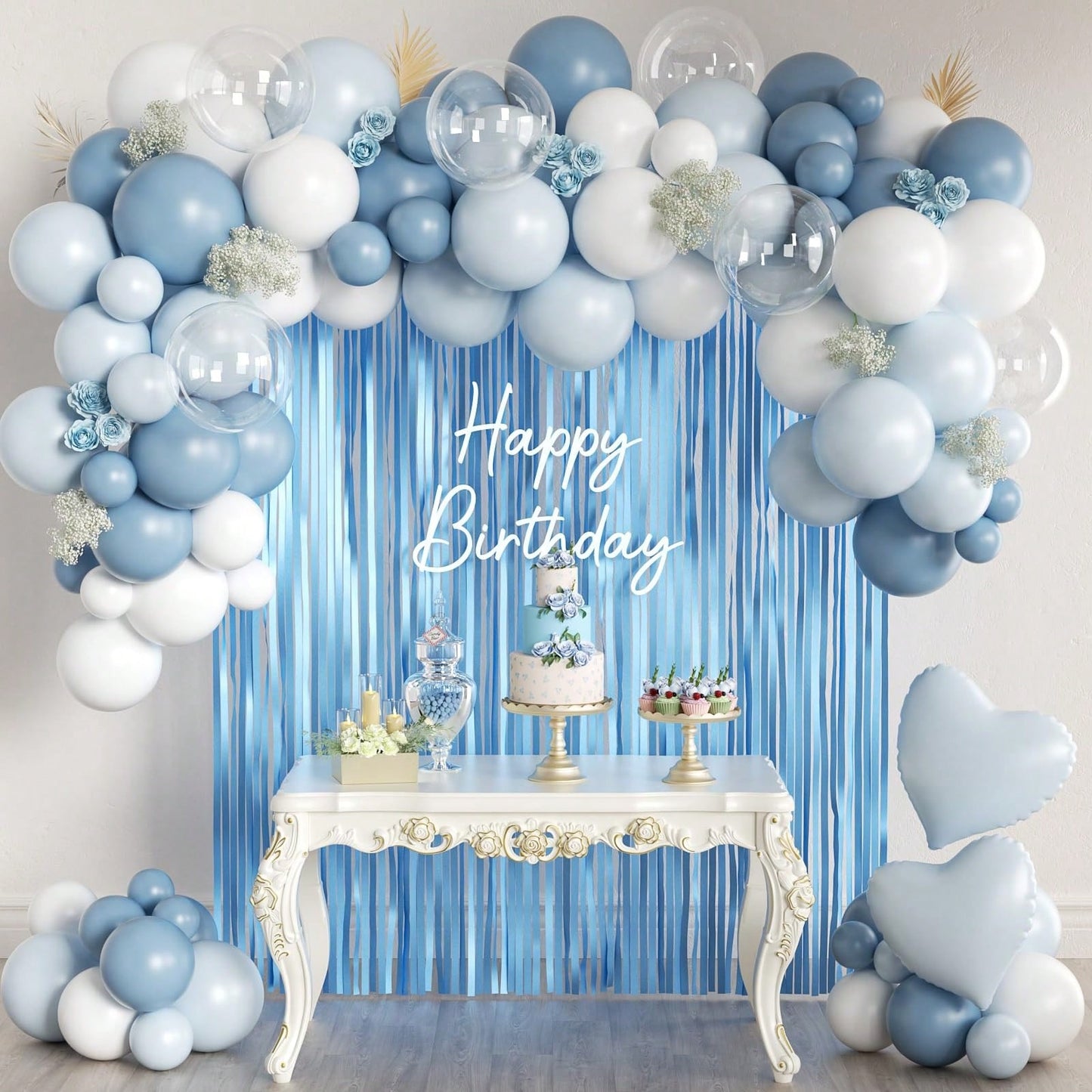 105pcs Light Blue & White Balloon Garland Arch Kit With Light Blue Tassel Curtain, Suitable For Boy, Girl, Kids, Bride, Baby Shower, Birthday, Engagement, Wedding, Winter Wonderland, Dance Party Decor