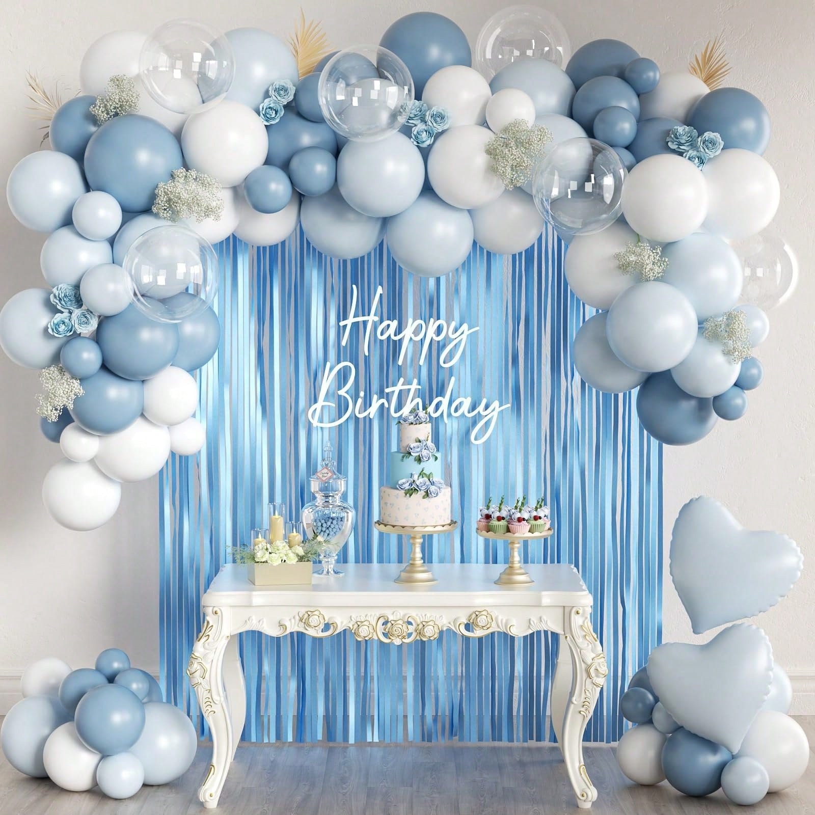 105pcs Light Blue & White Balloon Garland Arch Kit With Light Blue Tassel Curtain, Suitable For Boy, Girl, Kids, Bride, Baby Shower, Birthday, Engagement, Wedding, Winter Wonderland, Dance Party Decor