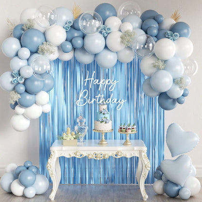 105pcs Light Blue & White Balloon Garland Arch Kit With Light Blue Tassel Curtain, Suitable For Boy, Girl, Kids, Bride, Baby Shower, Birthday, Engagement, Wedding, Winter Wonderland, Dance Party Decor