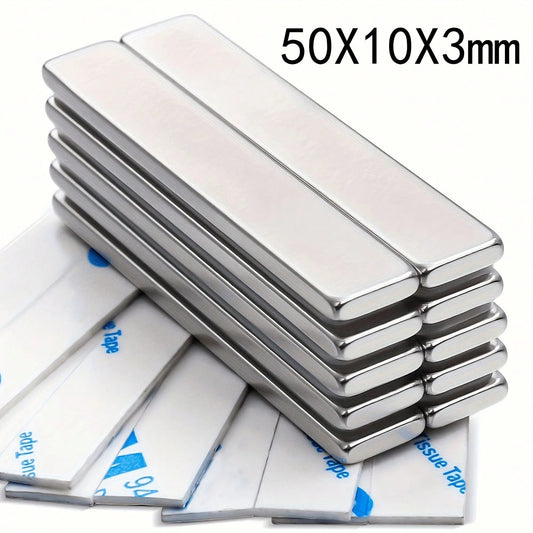 10pcs 50x10x3mm Neodymium Bar Magnets, N35 Rare Earth Neodymium Magnets, Double-Sided Adhesive Backing, Suitable For Office, Refrigerator, Kitchen, Etc.