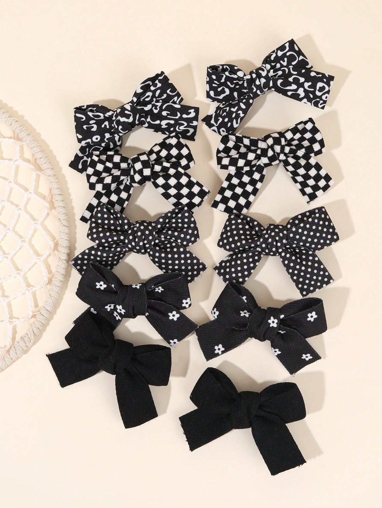 10pcs Black Hair Clips, Suitable For Girls, Cute Plaid Polka Dot Pattern, Black Fabric Bow Hair Clips, Solid Color Hair Clips, Floral Pattern Hair Clips, Girls Holiday Party Hair Accessories, Children