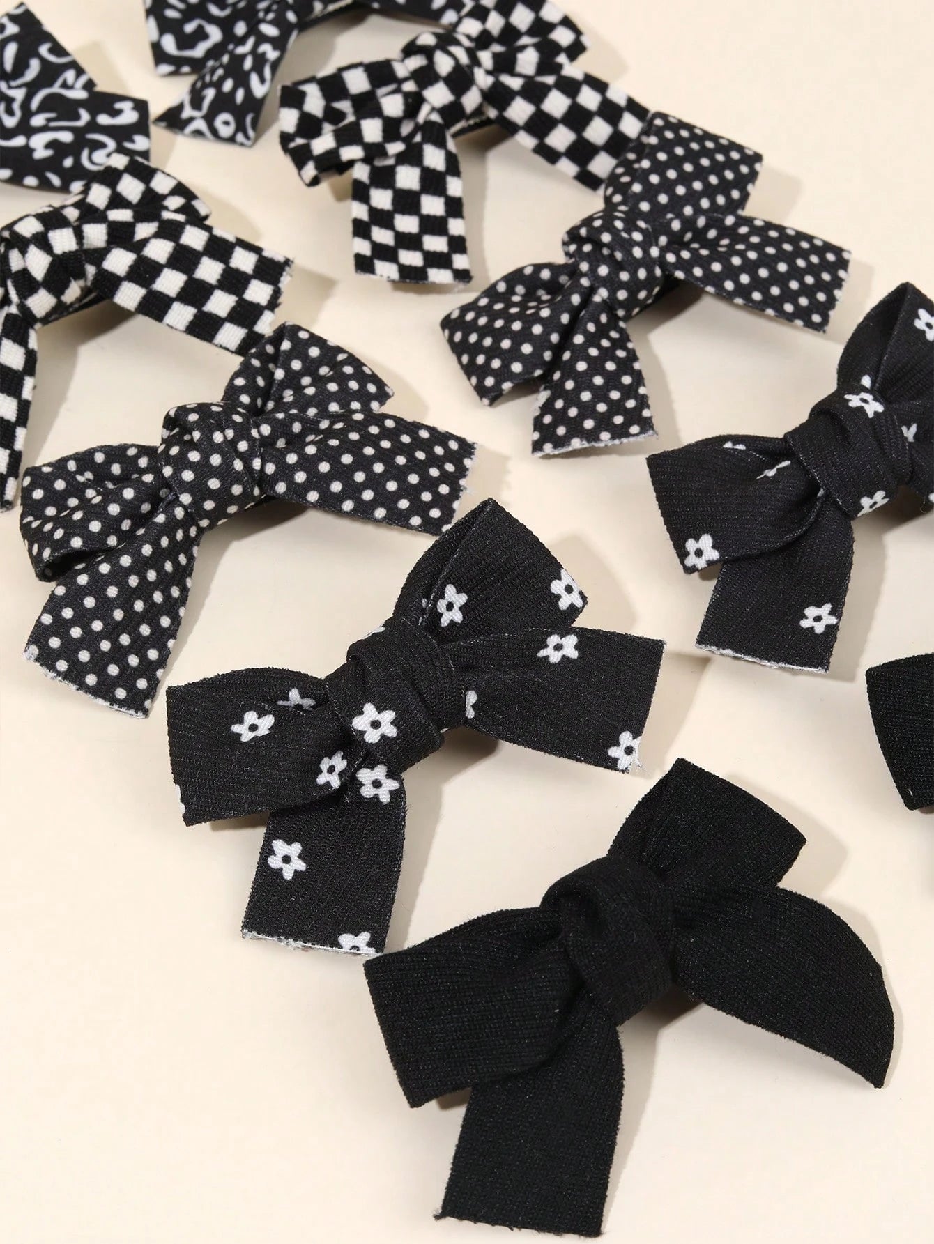 10pcs Black Hair Clips, Suitable For Girls, Cute Plaid Polka Dot Pattern, Black Fabric Bow Hair Clips, Solid Color Hair Clips, Floral Pattern Hair Clips, Girls Holiday Party Hair Accessories, Children