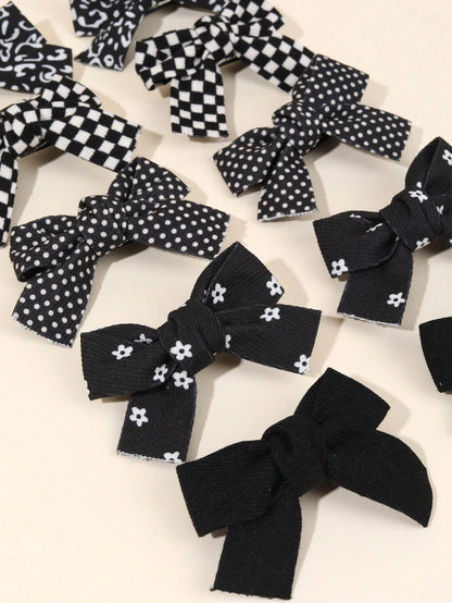 10pcs Black Hair Clips, Suitable For Girls, Cute Plaid Polka Dot Pattern, Black Fabric Bow Hair Clips, Solid Color Hair Clips, Floral Pattern Hair Clips, Girls Holiday Party Hair Accessories, Children