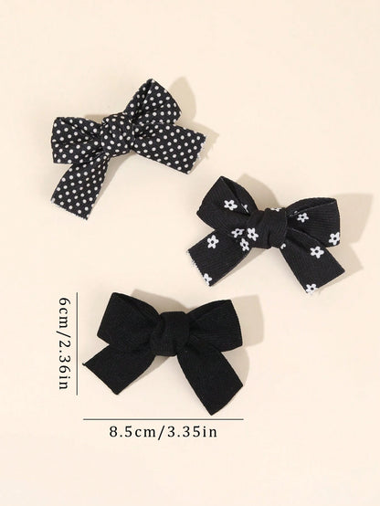 10pcs Black Hair Clips, Suitable For Girls, Cute Plaid Polka Dot Pattern, Black Fabric Bow Hair Clips, Solid Color Hair Clips, Floral Pattern Hair Clips, Girls Holiday Party Hair Accessories, Children