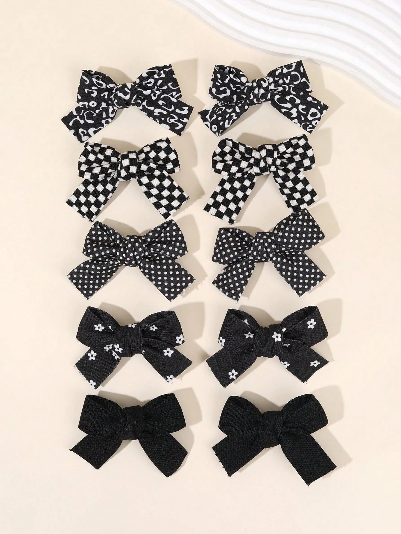 10pcs Black Hair Clips, Suitable For Girls, Cute Plaid Polka Dot Pattern, Black Fabric Bow Hair Clips, Solid Color Hair Clips, Floral Pattern Hair Clips, Girls Holiday Party Hair Accessories, Children