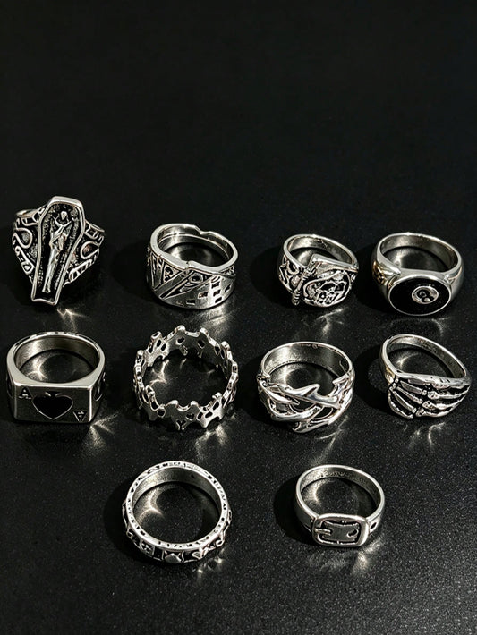 10pcs Gothic Men's Rings Set, Punk Hip Hop Multi-Piece Couple Finger Rings, Party Vacation Daily Wear Finger Accessories, Fashion Jewelry Gift, Unisex